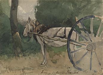 HENRI-JOSEPH HARPIGNIES (Valenciennes 1819-1916 Saint-Privé) A Horse-Drawn Cart in a Landscape.
